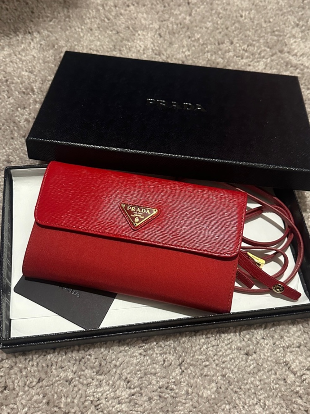 Prada Red Saffiano Leather Wallet Crossbody with Gold Logo